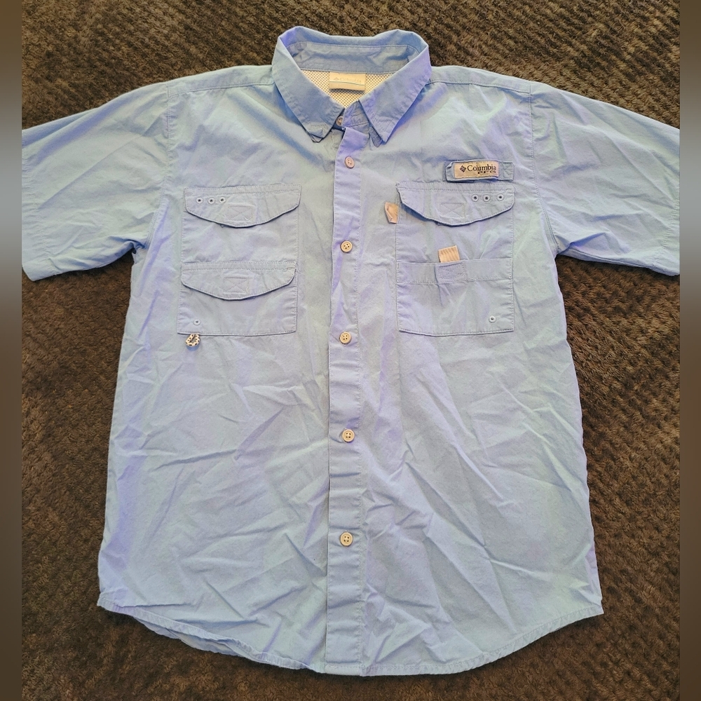 Columbia PFG Boys Blue Short Sleeve Button Up Shirt LARGE WORE 1 TIME